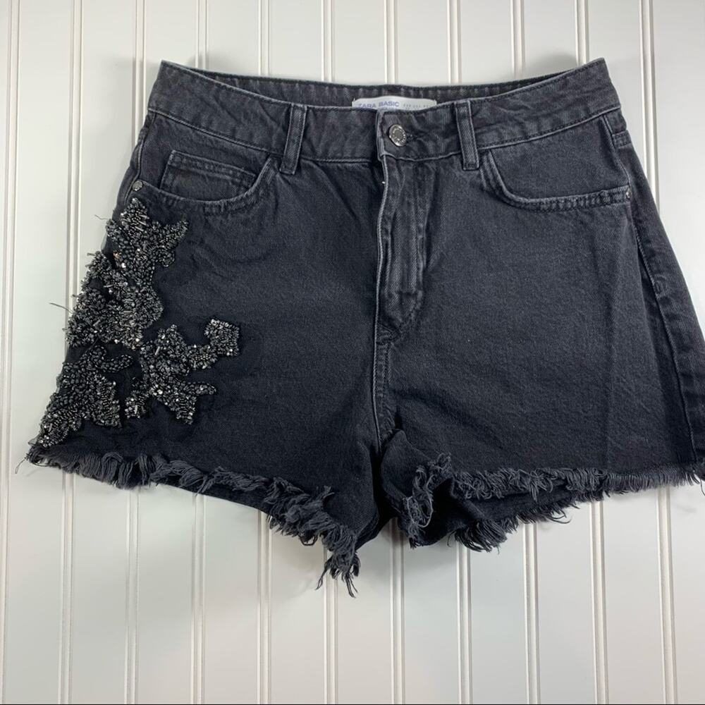 Zara Black High Waist Beaded Jean Shorts Sz 6